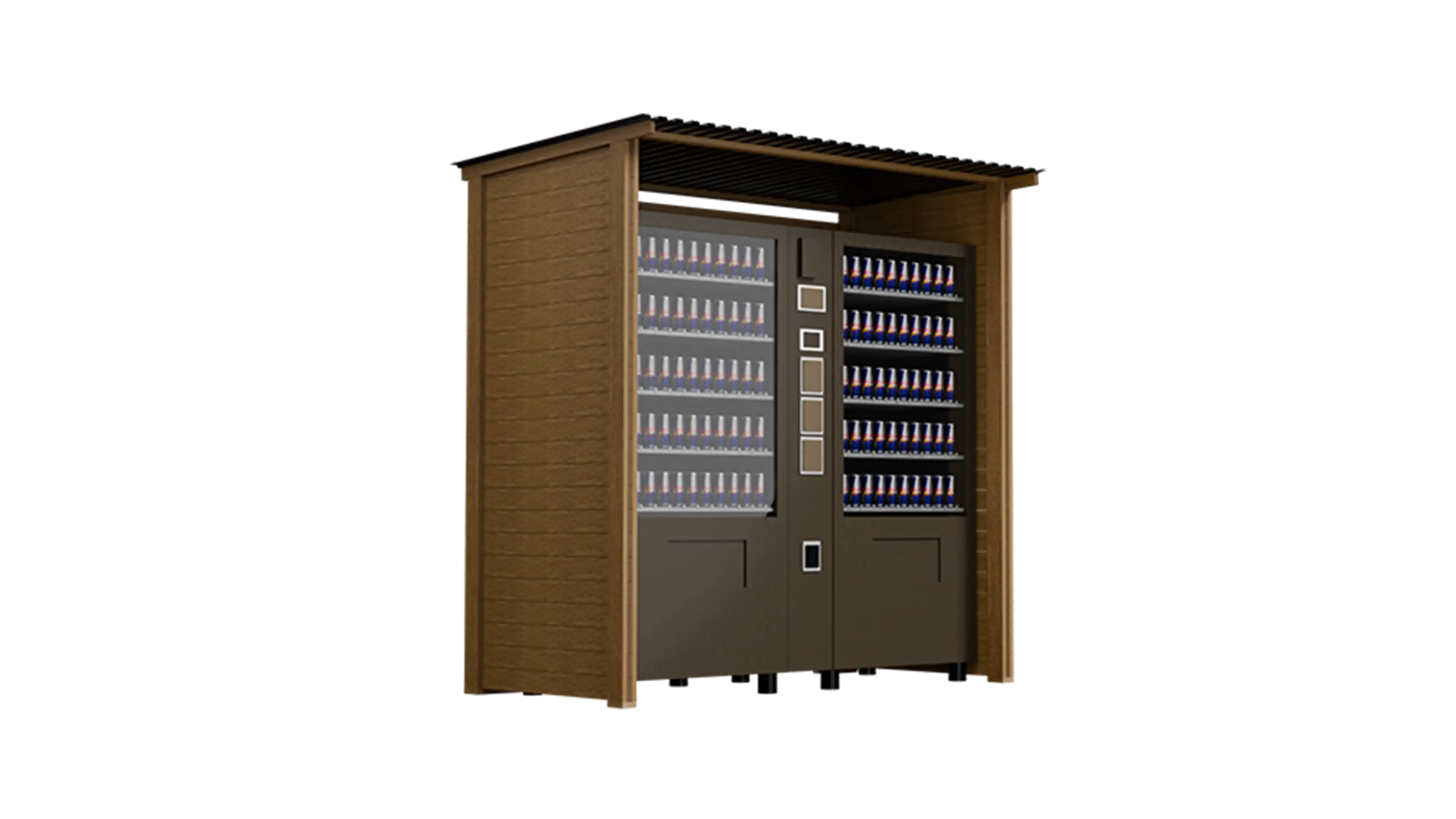 Waterproof and maintenance-free casing for outdoor vending machines made from recycled MIELL GREEN plastic